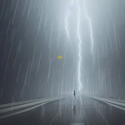 A princess standing. Epic scale. Heavy cold rain. Thunderstorm. An engineer looking up. Futuristic scenary. Gray mist.