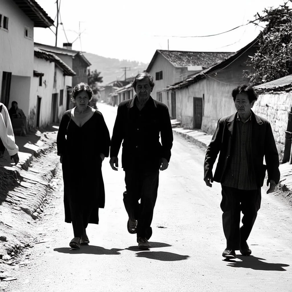 People in 1995 walking on a street in a village, black and white, very odd