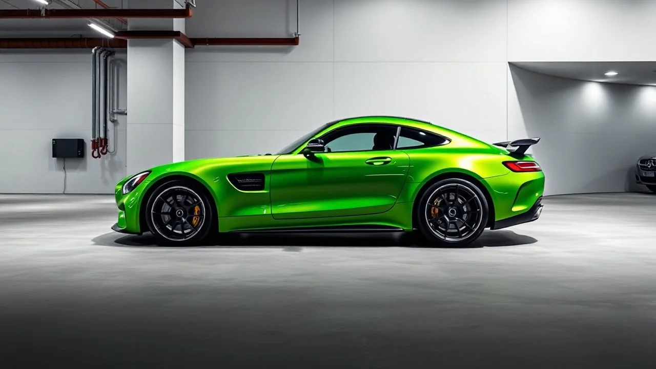 Mercedes-Benz AMG GT63s, green color, parked in a luxury garage and the car is facing left.