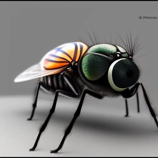 Photorealism of fly, 1500mm lens, ultrarealistic,hyper detailed, front view