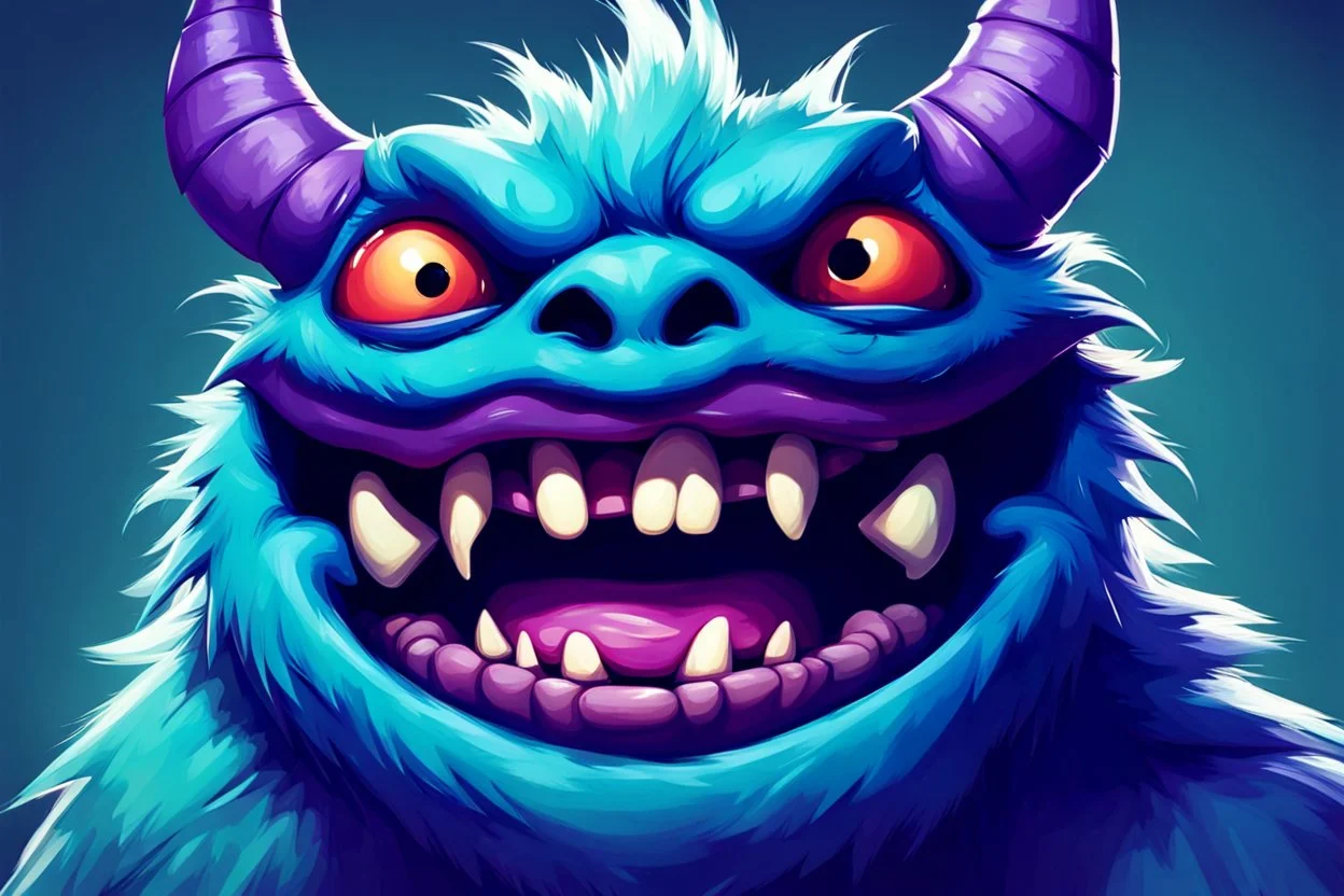 closeup of a smiling monster's face, big teeth, fur, bumps and horns, my pet monster inspiration, urban character design