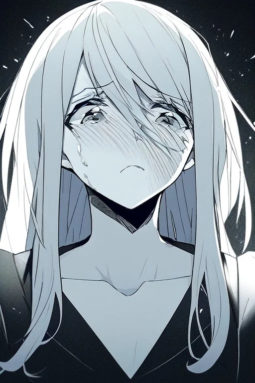 emotionless, numb, heartbroken, black and white, anime girl portrait with dark black background