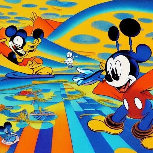 Mickey Mouse and Donald Duck by Jim Woodring in psychedelic landscape