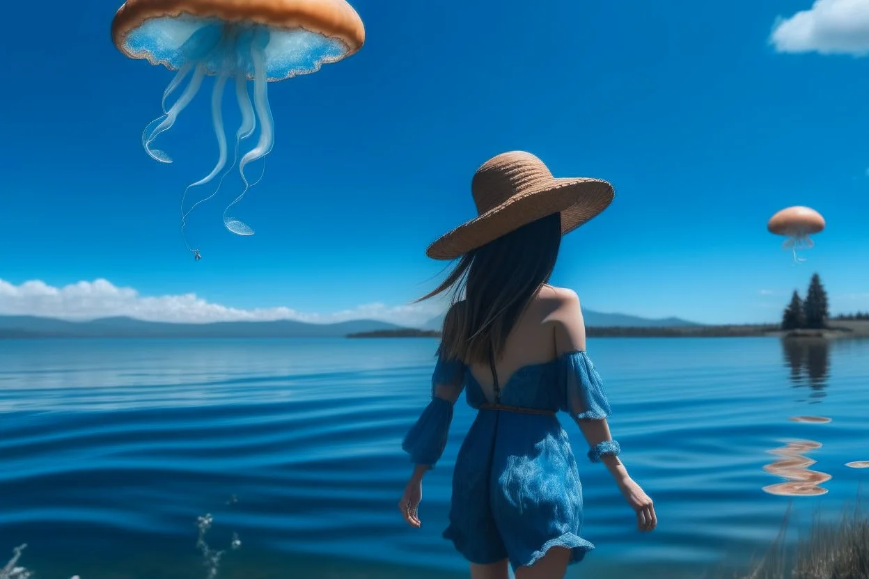 woman standing next to a lake, flying mushrooms with jellyfish tenacles in a blue sky