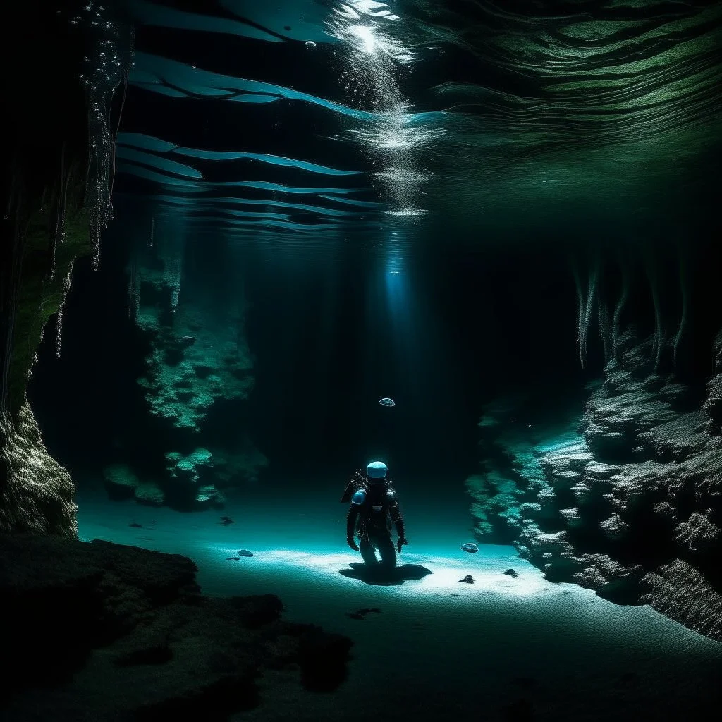 underwater images in a deep dark icy cave