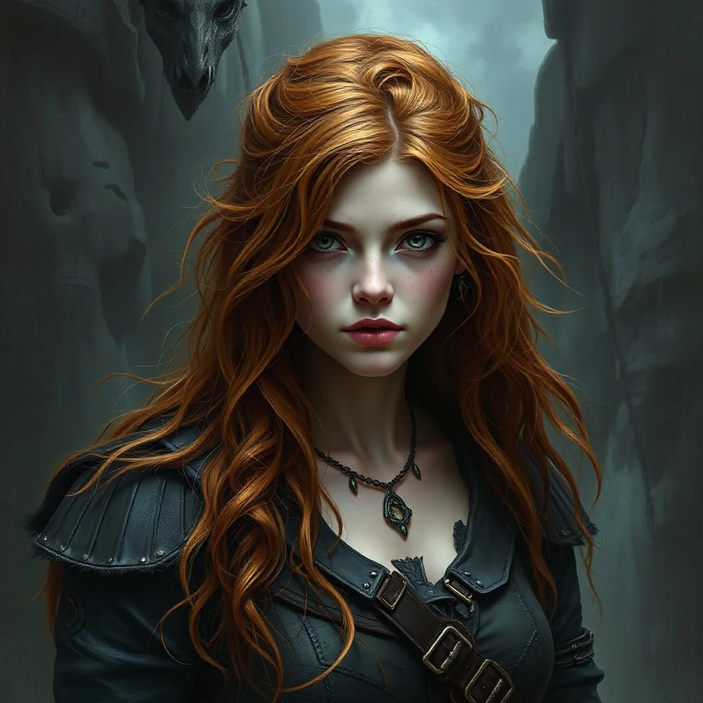 a beautiful fantasy woman, young, ginger hair, rugged, dark fantasy art