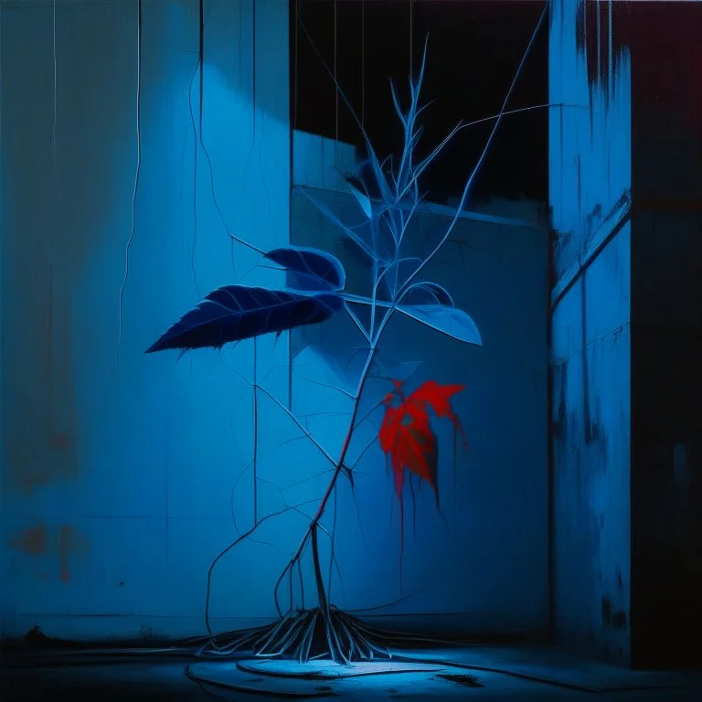 Minimal abstract oil painting of a neon large red leaf plant in concrete warehouse brutalist architecture and hanging wires illuminated at night. With triadic blue colours. In the style of Justin Mortimer and Phil Hale, Ashley Wood