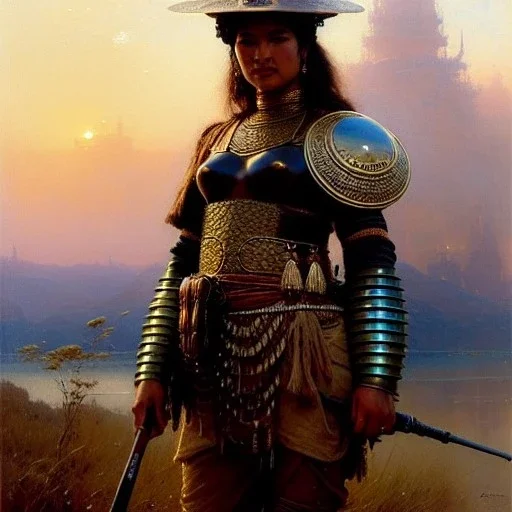 portrait 'busty woman fishermen with the trophy of Her life ',ancient metal armor and helmet ,painting by gaston bussiere, greg rutkowski, yoji shinkawa, yoshitaka amano, tsutomu nihei, donato giancola, tim hildebrandt, oil on canvas, cinematic composition, extreme detail,fit full head inside picture,16k