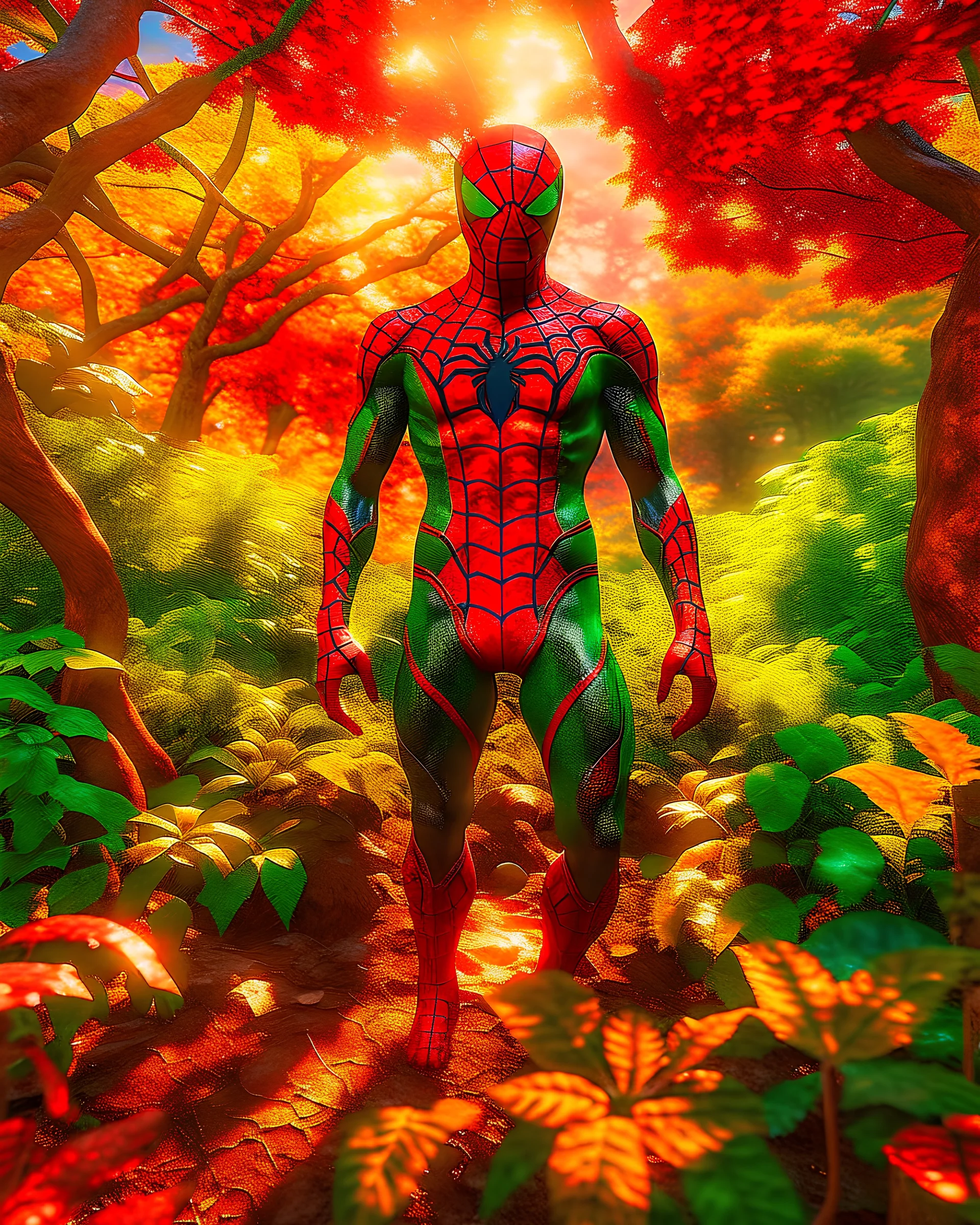 Beneath the canopy of an enchanting forest, Spider-Man stands in a moment frozen in ultra-realistic cinematic splendor. Sunlight cascades through leaves, casting intricate patterns of light and shadow upon the rich tapestry of foliage. The forest hums with a symphony of rustling leaves and distant bird calls, its ambiance rendered with meticulous detail. Spider-Man's suit exudes texture and depth, every fiber and contour accentuated, while his stance exudes a palpable sense of readiness.