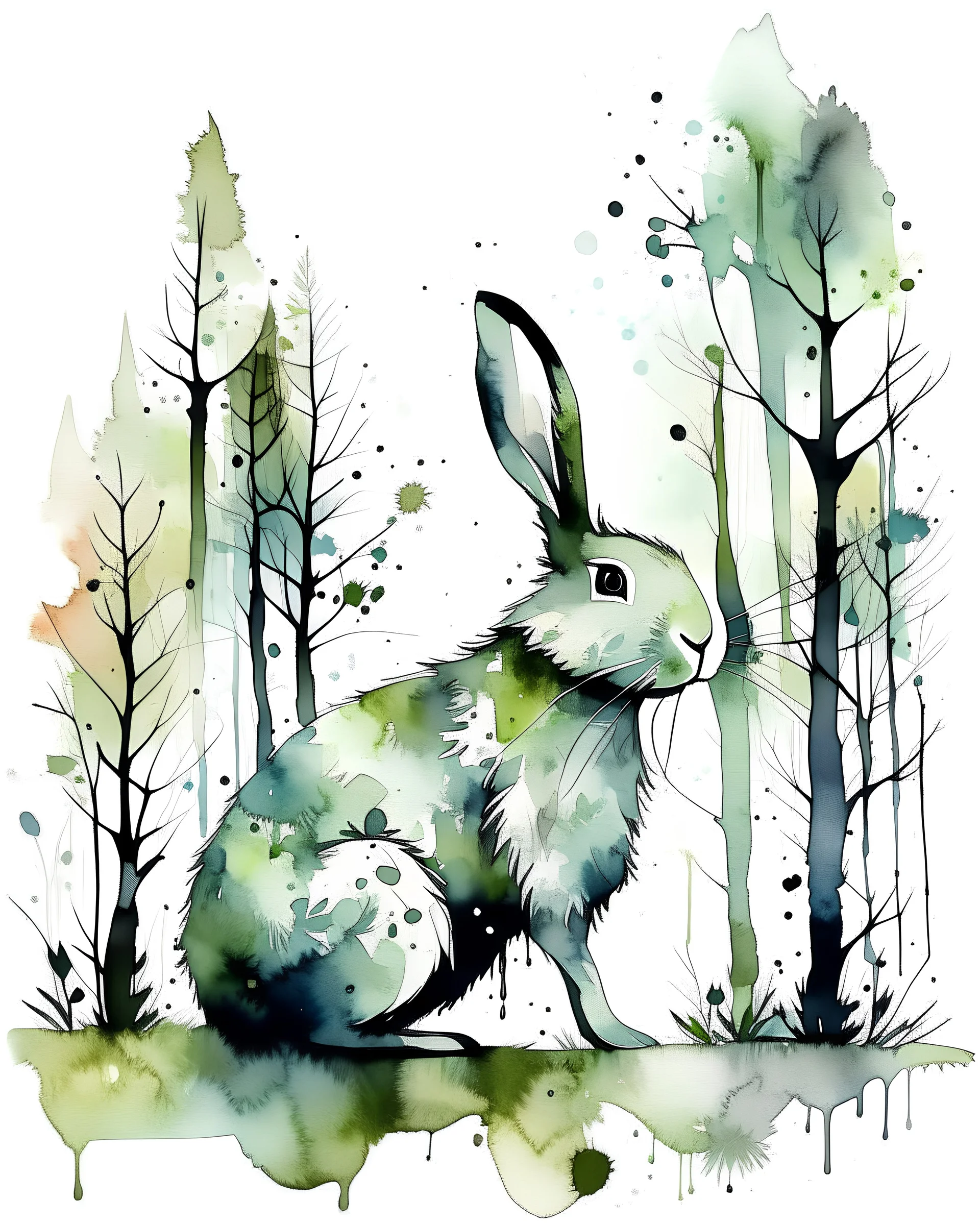 Watercolour effect, rabbit, forest abstract,roschCh ink blot test, white background, muted colour's.no black outline, no black colour only white more watercolour blobs