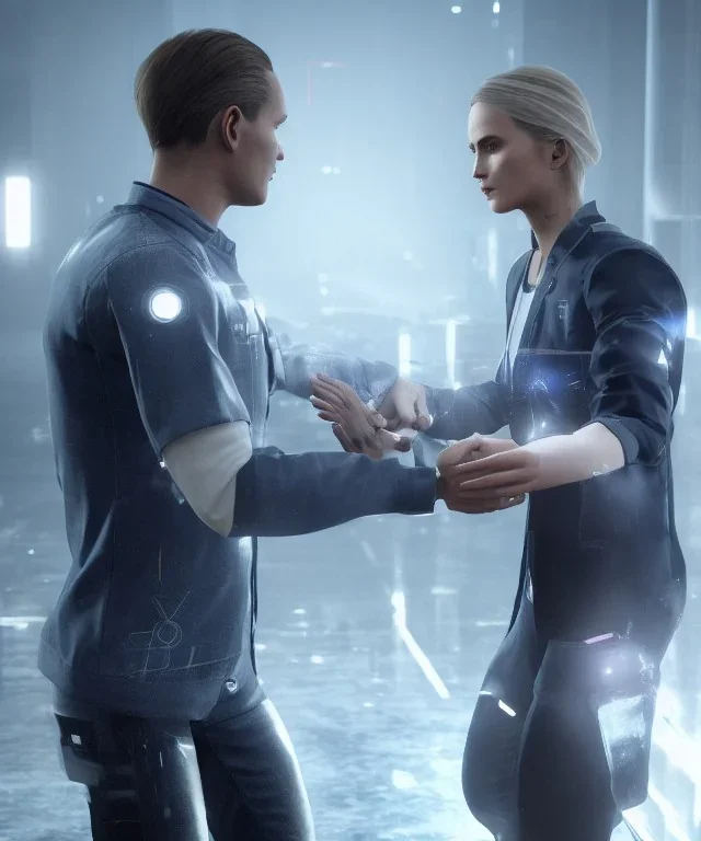 detroit become human, two people looking at each other, real Handshake 10 fingers , sci-fi fantasy style, volumetric lighting, particales,highly detailed,cinamatic, deep colours,8k.