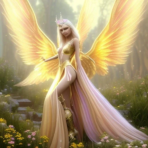 beautiful fairy very etheric, nice smiling, long blond hair, magic glamour pink make up, delicate colors, complete vision of very transparent golden and big wings, beautiful glamour transparent golden dress, ultra sharp focus, 8k, unreal engine 5, extremely sharp detail, light effect, soft light atmosphere, smooth, full of details, face in front, complete vision of face and hair and of the body