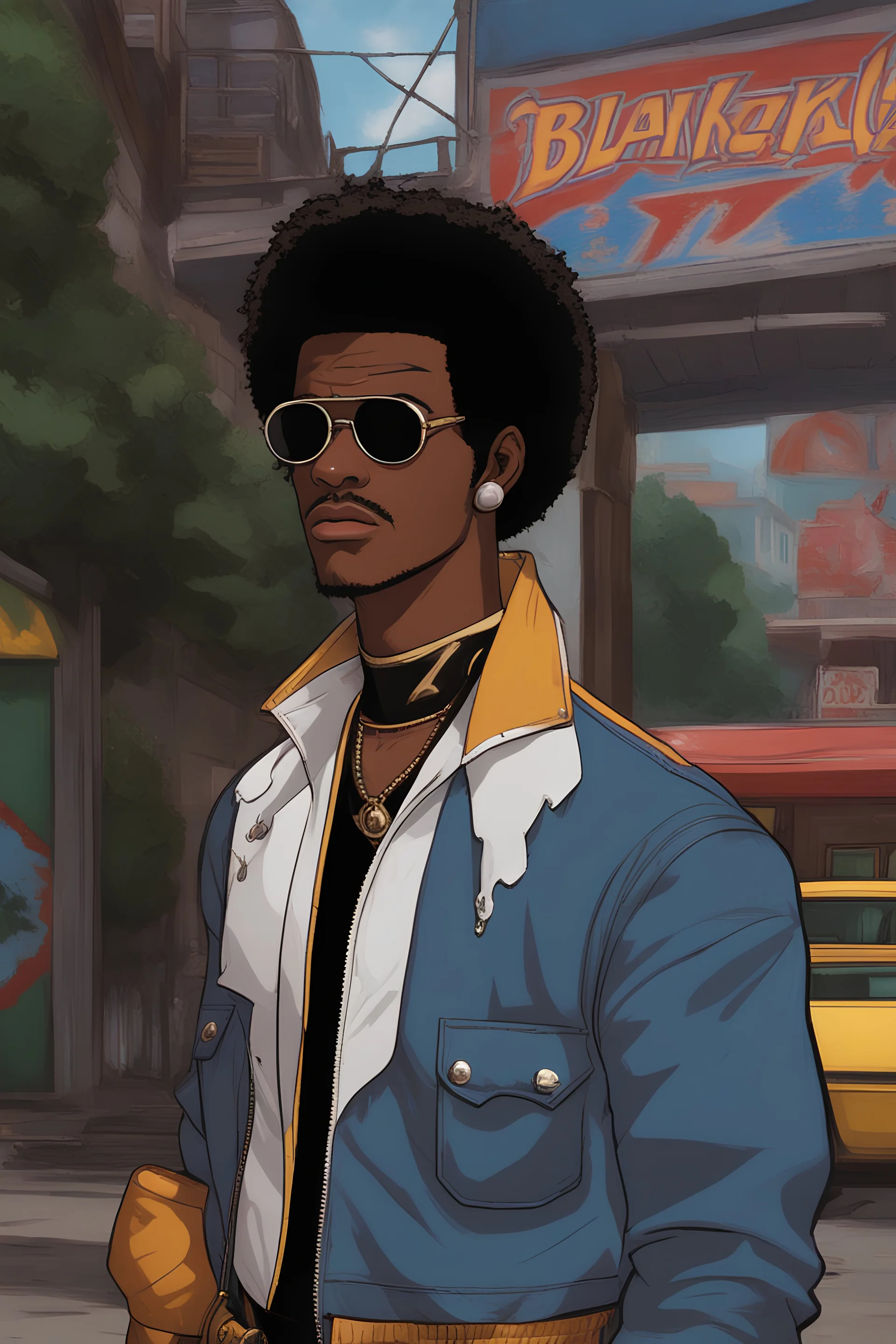 70s Blaxpliotation Man In A Button Up Shirt And Leather Jacket,adultswim style,urbancore,one piece style,after hours aesthetic,rap fashion,gen x soft club style,bleach style,hunter x hunter style,jojo style,Street Fighter Style,Mortal Kombat Style, Tekken Style, Kof Style,2000s Cartoon Style,adult swim style,Killer Instinct Style,Final Fantasy Style,todd Mcfarlane Style,mike mignola style