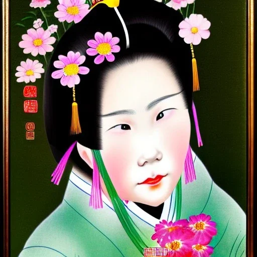 portrait of a Chinese woman, cute, fantasy, with flowers in her hair, big eyes