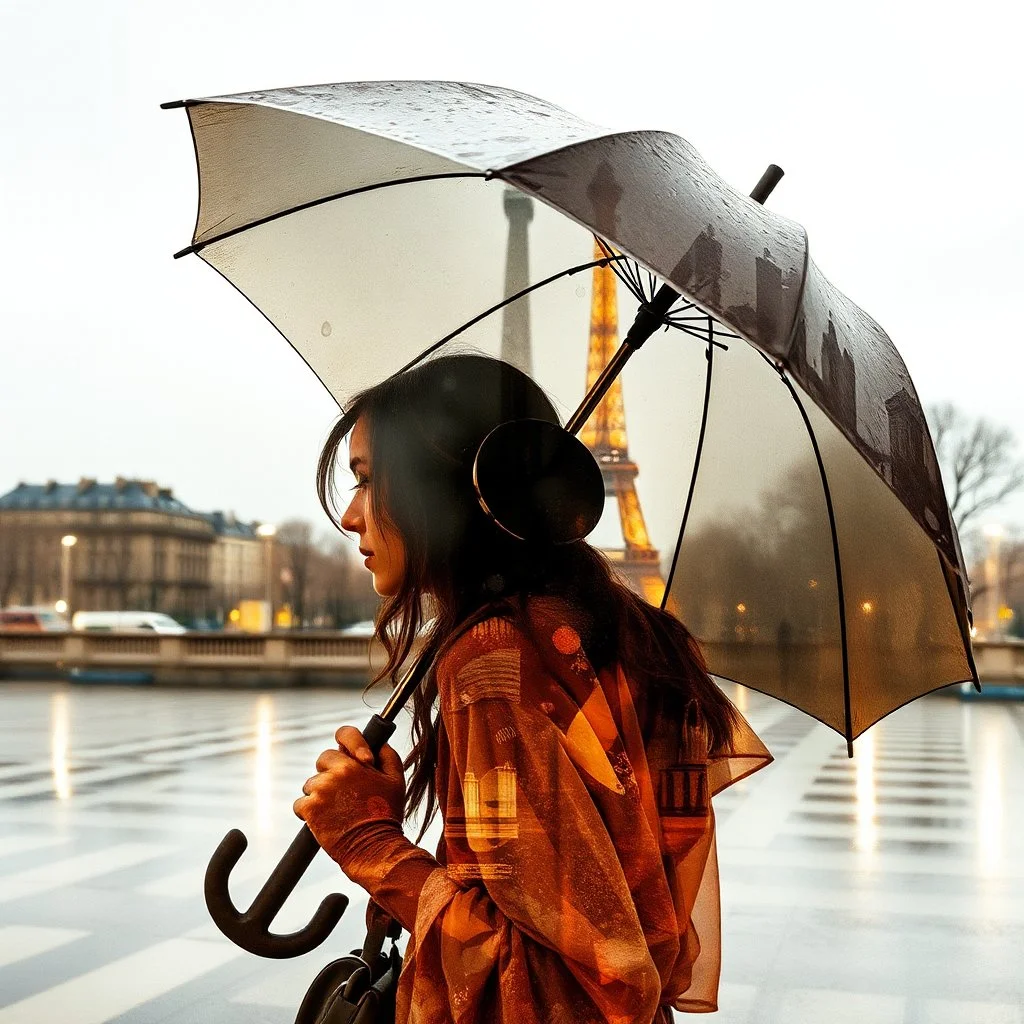 Digital watercolor disintegrating double exposure rain, woman with umbrella in Paris silhouette of Eiffel tower in distance. By Waterhouse, Carne Griffiths, Minjae Lee, Pieter Bruegel de Oude, Stylized watercolor art, Intricate, Complex contrast, soft Cinematic Volumetric lighting, pastel golden hour colors, wide long shot, perfect masterpiece, Baroque