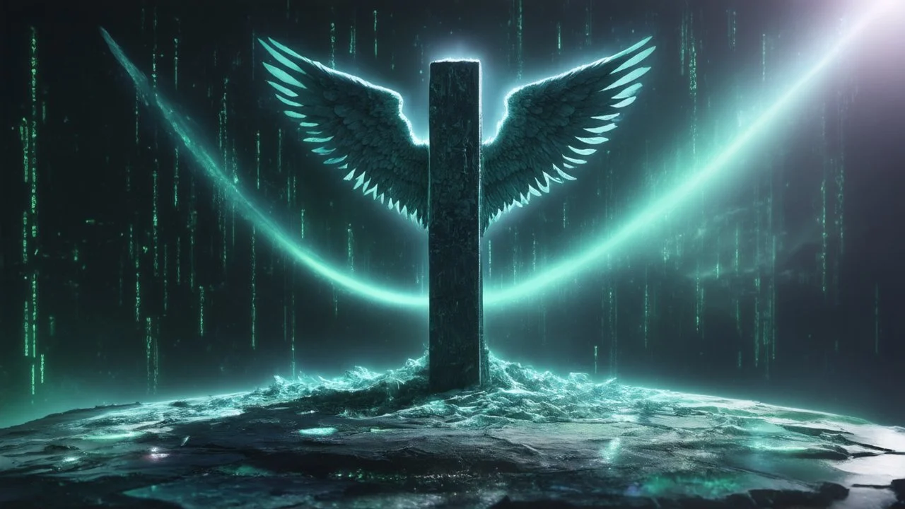 matrix codes and the back ground of the angels with wings siting monolith made of tiberium crystals