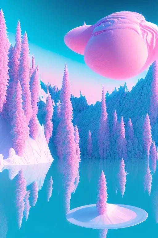  mountain topped with pink ice-cream, lake, trees, mystical, Dada,