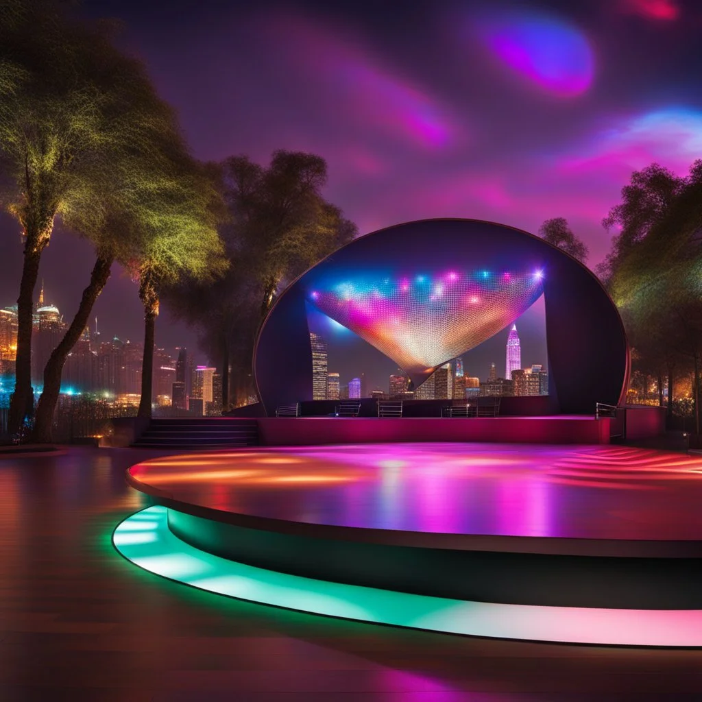 nice disco stage in city center with modern city in background