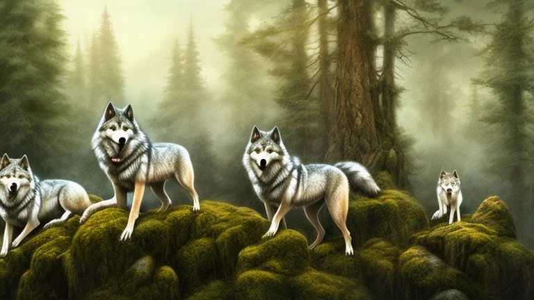 wolves on a large rock in the forest