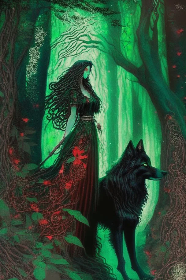 In the heart of a dense and enigmatic forest with towering ancient trees cloaked in emerald foliage stood a bewitching sorceress possessing an ethereal allure her lustrous tresses cascading in ebony waves down to her slender waist In her captivating presence a faithful companion a majestic canine of Belgian shepherd lineage roamed at her side its eyes illuminated by an otherworldly crimson glow exuding an aura both mysterious and bewitching