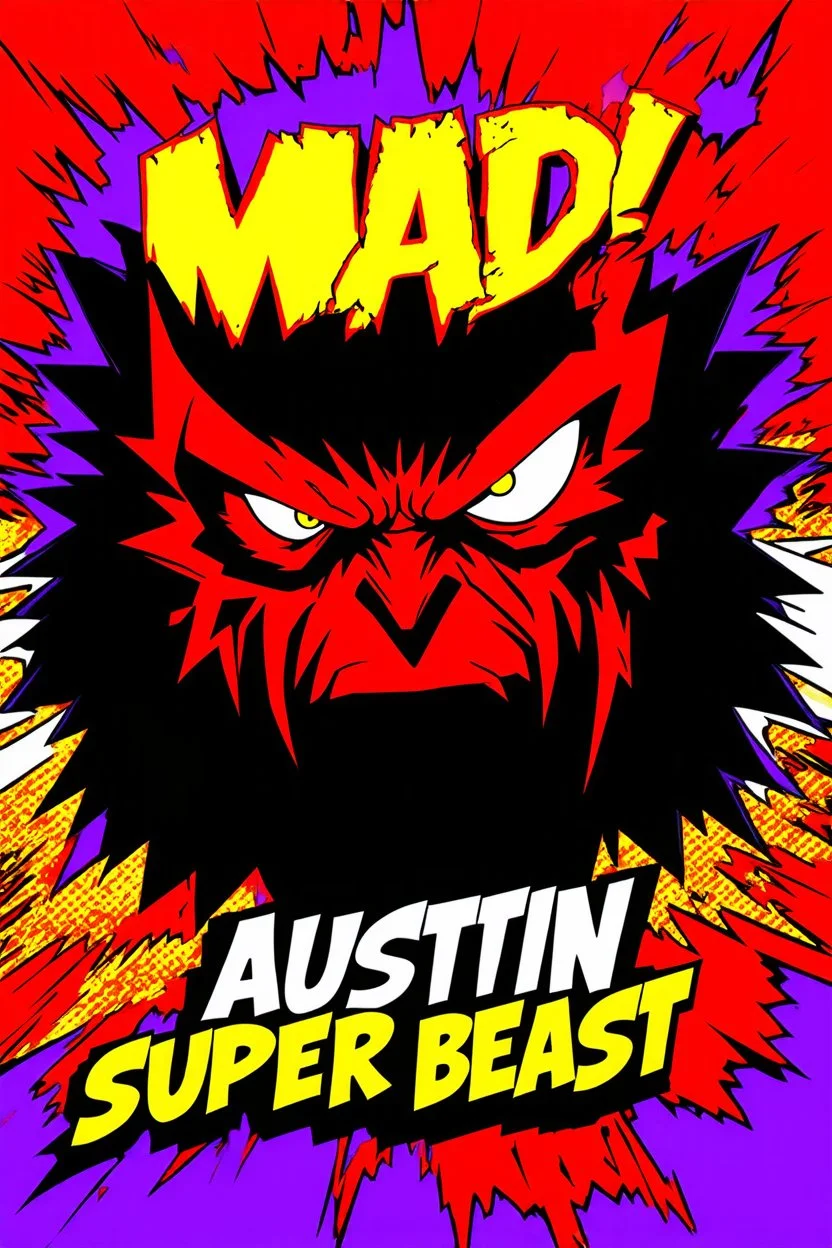 comic scary super hero mad crazy wild super head big title with movie poster title: Austin super beast, 90s style, angry fast, extreme, wild, so so so so angry, tough red and purple background with 90s comic style slashes