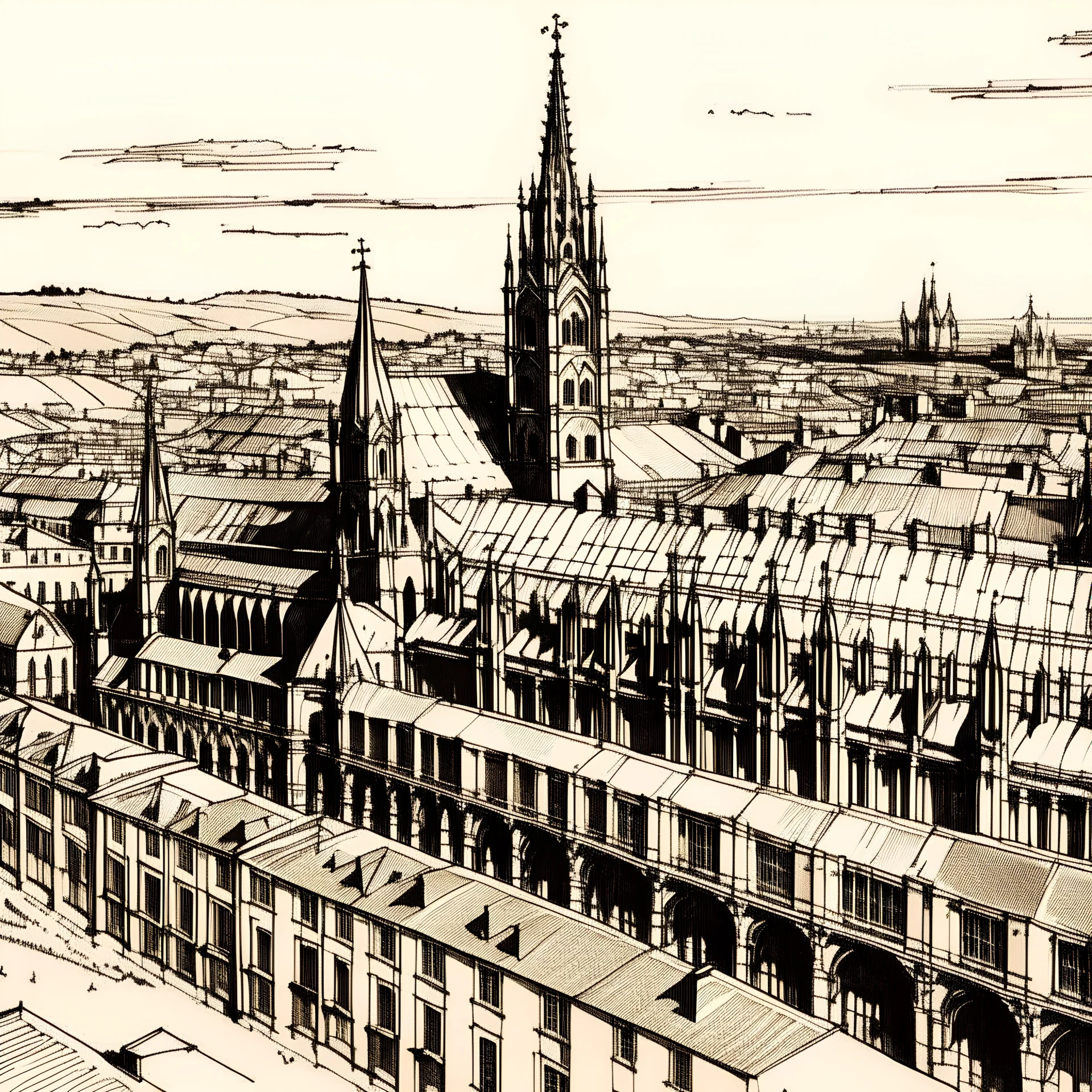 Saint Jacques of Compostela cathedral viewed in distance in style ink