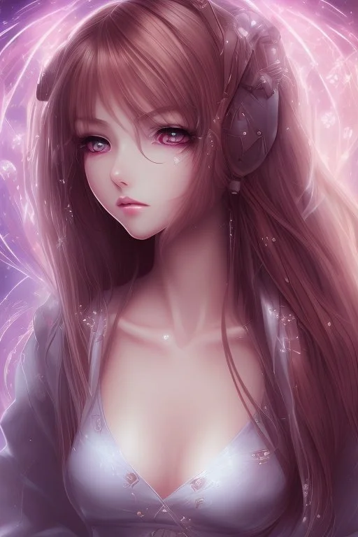 Anime girl close and personal but beautiful. She knows what she wants and how to get it. Stunning Starsign background