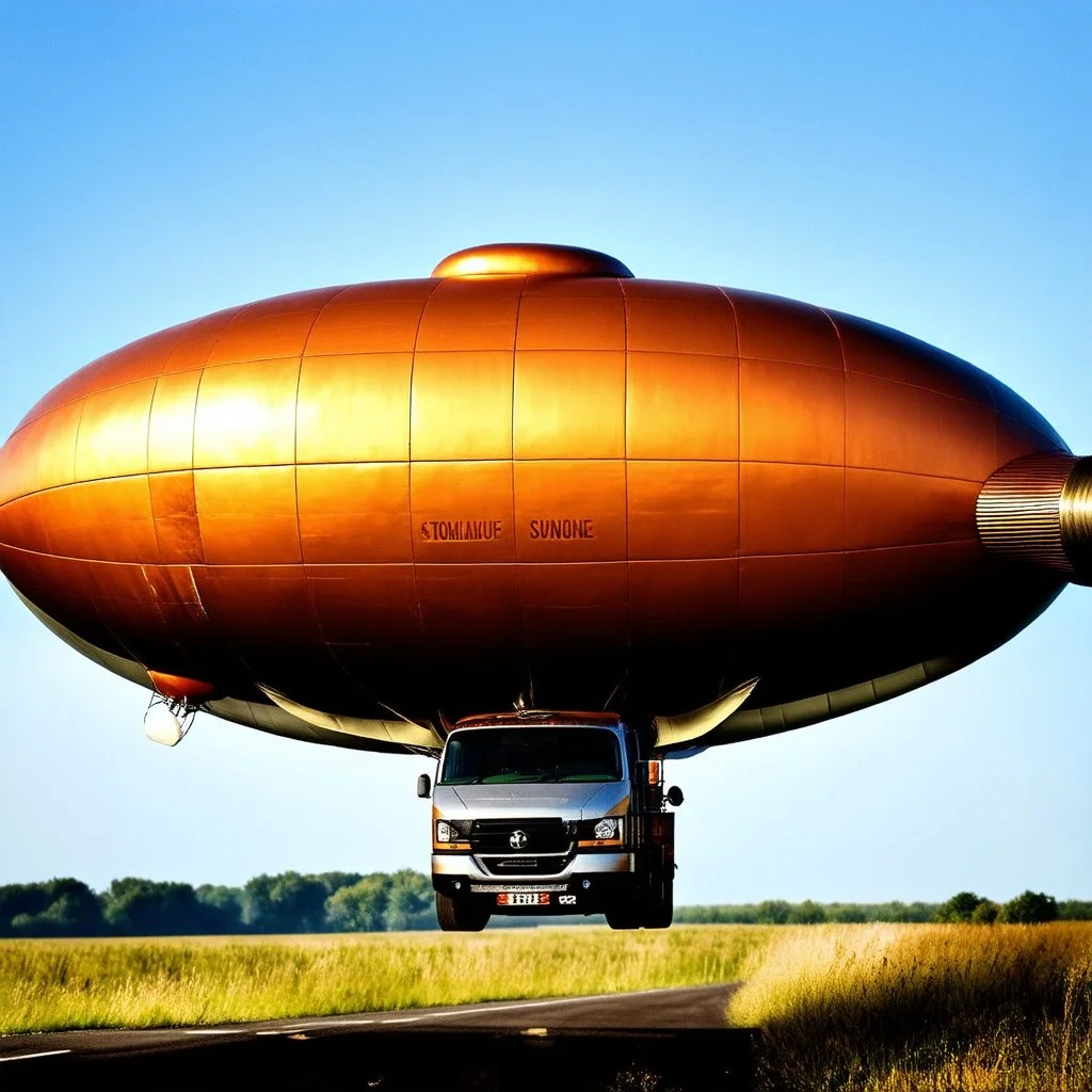 award winning photograph of a steampunk house-fly ufo dirigible designed by only one vehicle per image painted metallic orange traveling at a high rate of speed, jet intake off of front center of vehicle and jet exhaust out the rear bilaterally symetrical, more a high speed road vehicle