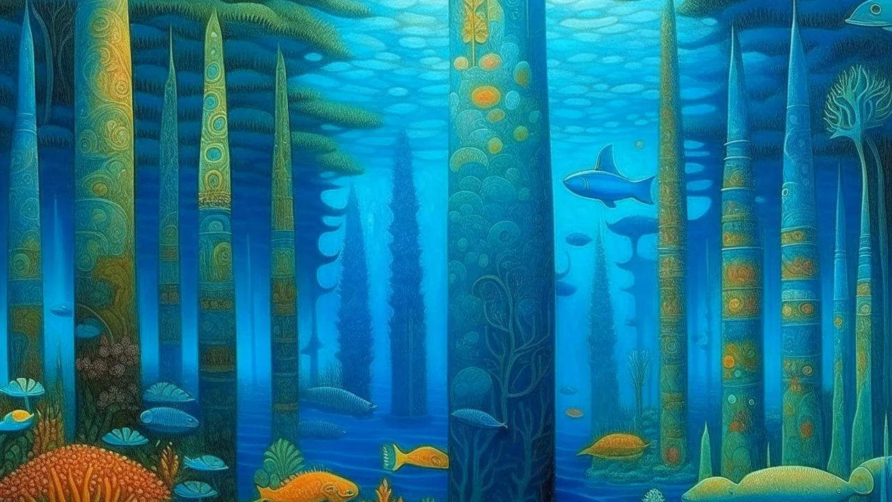 A blue underwater kingdom designed in Pacific Northwest totem poles painted by Georges Seurat