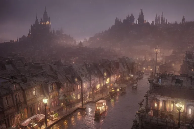 Fantasy town, rain, lights, tavern, misty, daytime, cobble streets