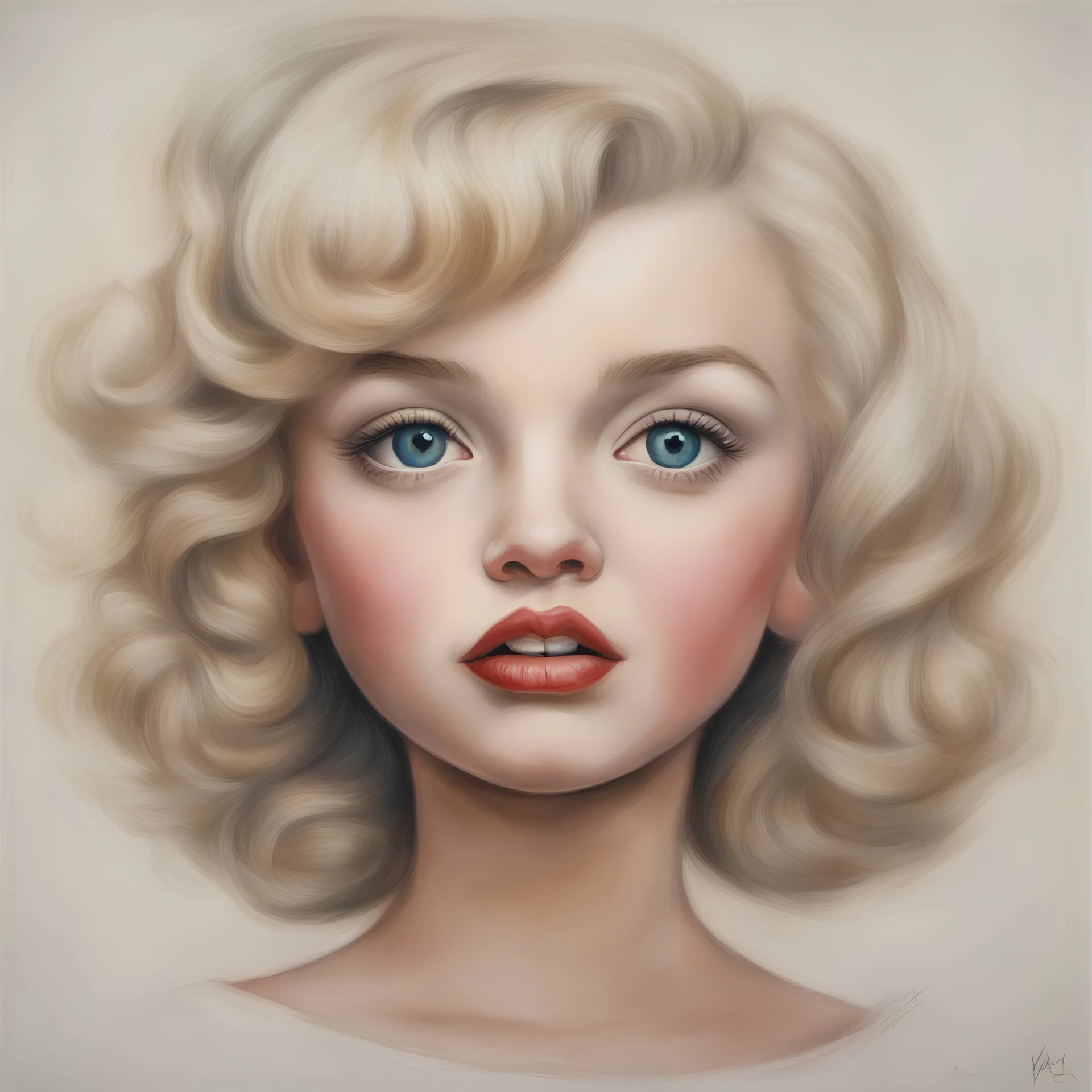 Marilyn monroe,, blond Little girl , in the style of Margaret Keane