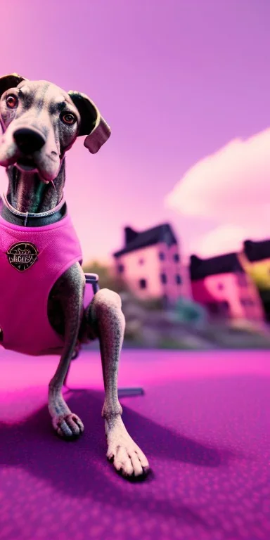 Snoop dogg, sitting. a chair. pink houses, pink sky, pink smoke, trees, outdoors. Groove street. 28mm