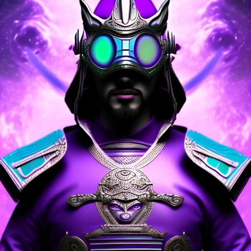 samurai purple masked villain in galaxy, teal and purple smoke, detailed, realistic, 4k