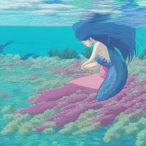 kissing mermaid full body coral reef background