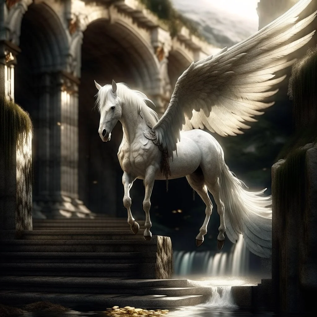 portrait of a white fantastic flying winged horsed/pegasi in front of a staircase into a portal to the desert in the middle of a waterfall, photo-realistic, shot on Hasselblad h6d-400c, zeiss prime lens, bokeh like f/0.8, tilt-shift lens 8k, high detail, smooth render, down-light, unreal engine, downlight