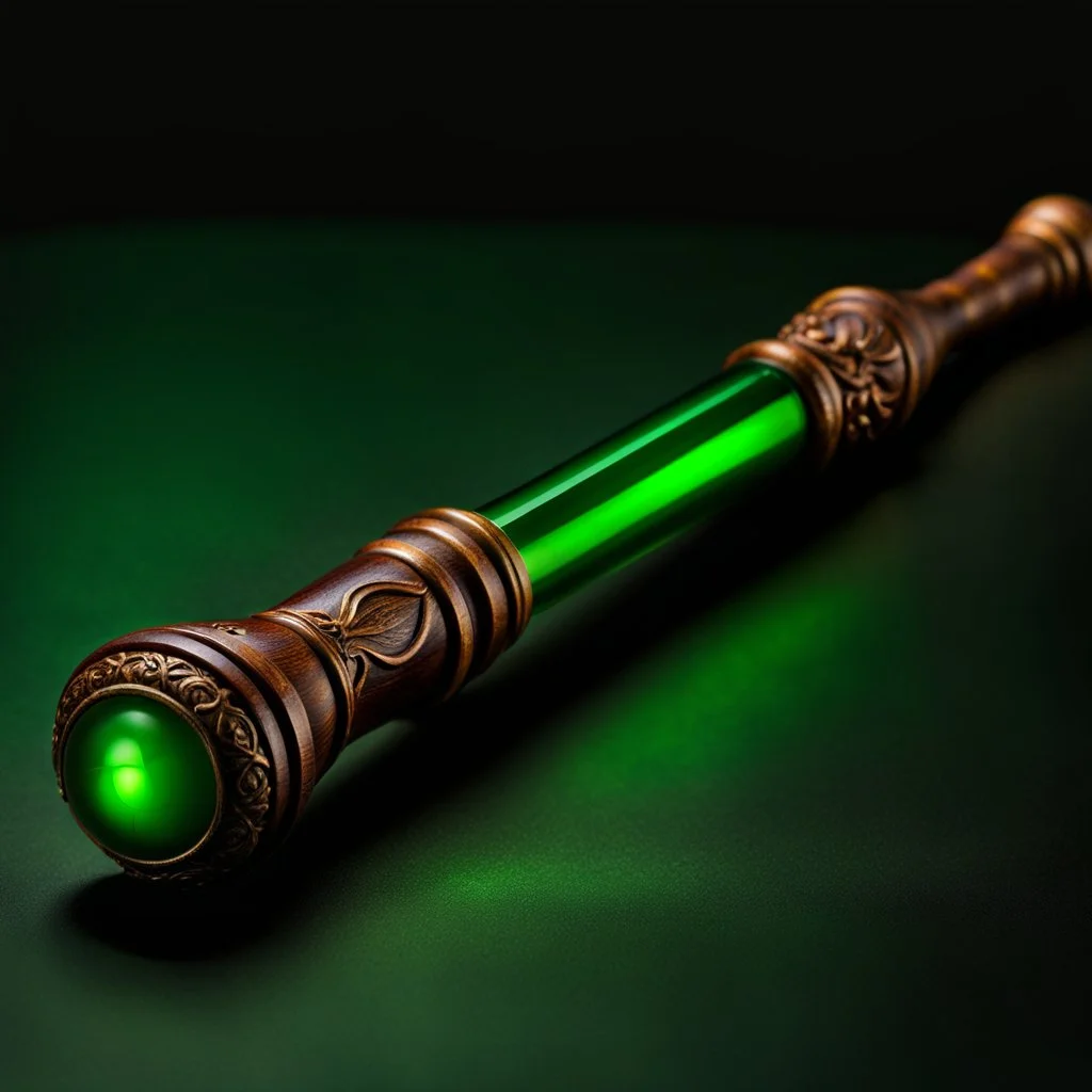 Closeup of an old, dark, wooden magical wand used for black magic. Green highlights. No detailed background.Magical. Epic. Dramatic, highly detailed, realistic, hyper realistic, photo, masterpiece