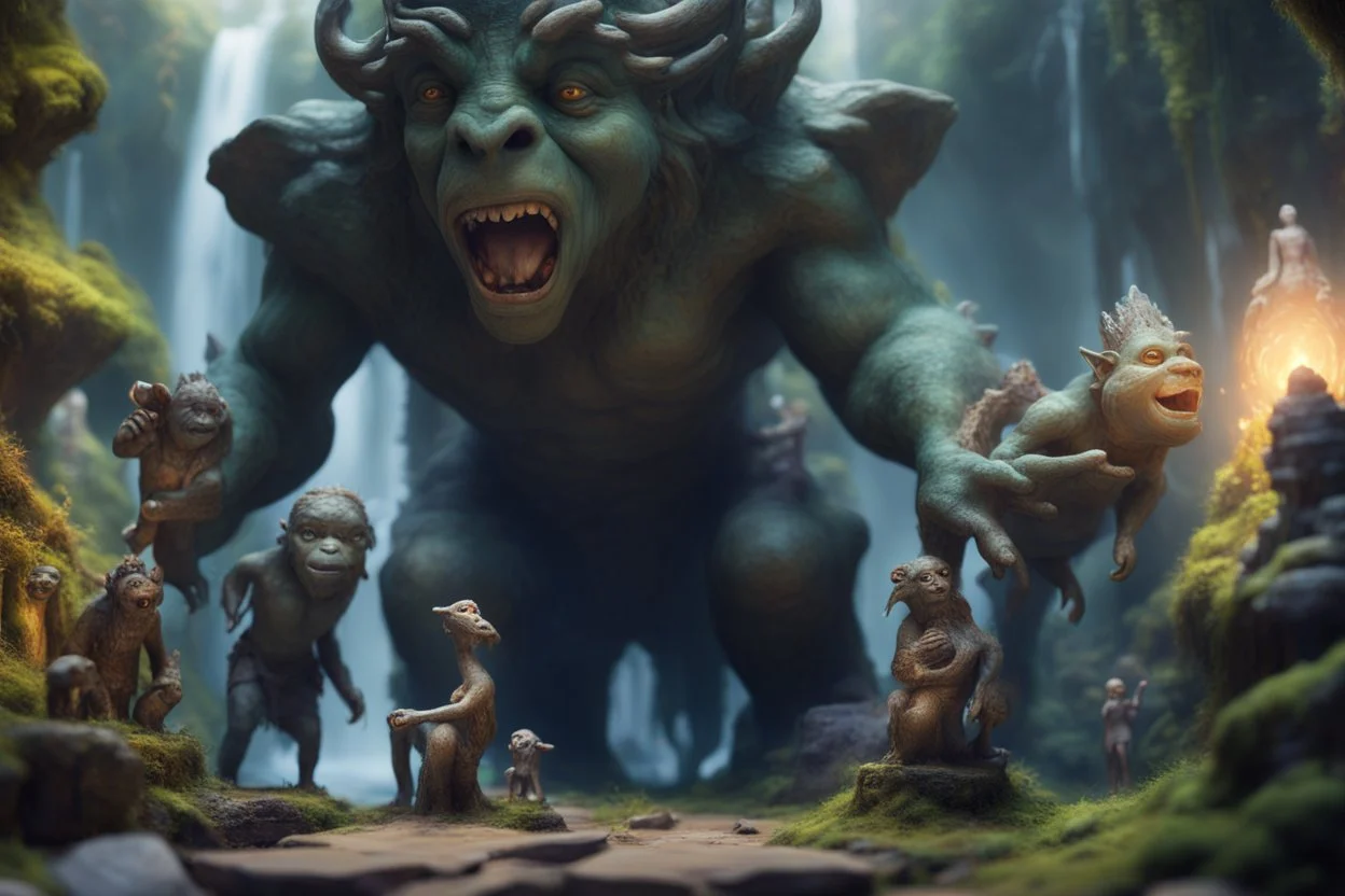 book cover oil painting of archeologists discovering woodland creatures in Rivendell worshipping big fat alien troll statues with many head and idols like from a myth or legend, on a strange planet with weird colors and waterfalls, bokeh like f/0.8, tilt-shift lens 8k, high detail, smooth render, down-light, unreal engine, prize winning