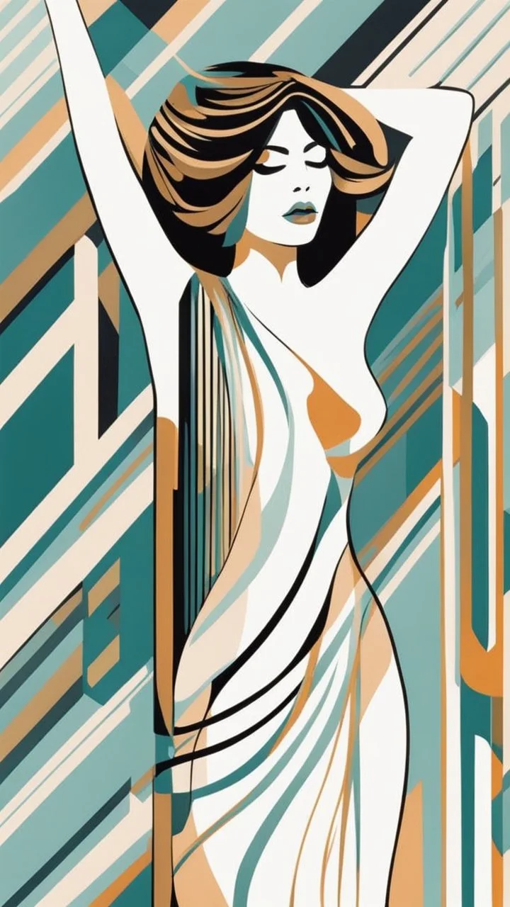 Esboço linear do corpo de uma mulher, with her arms cover her chest line fluid abstract, art style by Coco Vandi, retro minimal, trendy art, art style by Eckhart Tolle and Fabio Hurtado