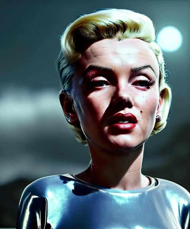 Ultra Realistic retro sci-fi 1960 scene, waist up view portrait, blonde woman, sweet young Marilyn Monroe face, perfect iris, tight latex coat, alien planet background, tight style, steel sphere dron levitating, fog, rain, soft color, highly detailed, unreal engine 5, ray tracing, RTX, lumen lighting, ultra detail, volumetric lighting, 3d, finely drawn, high definition, high resolution.