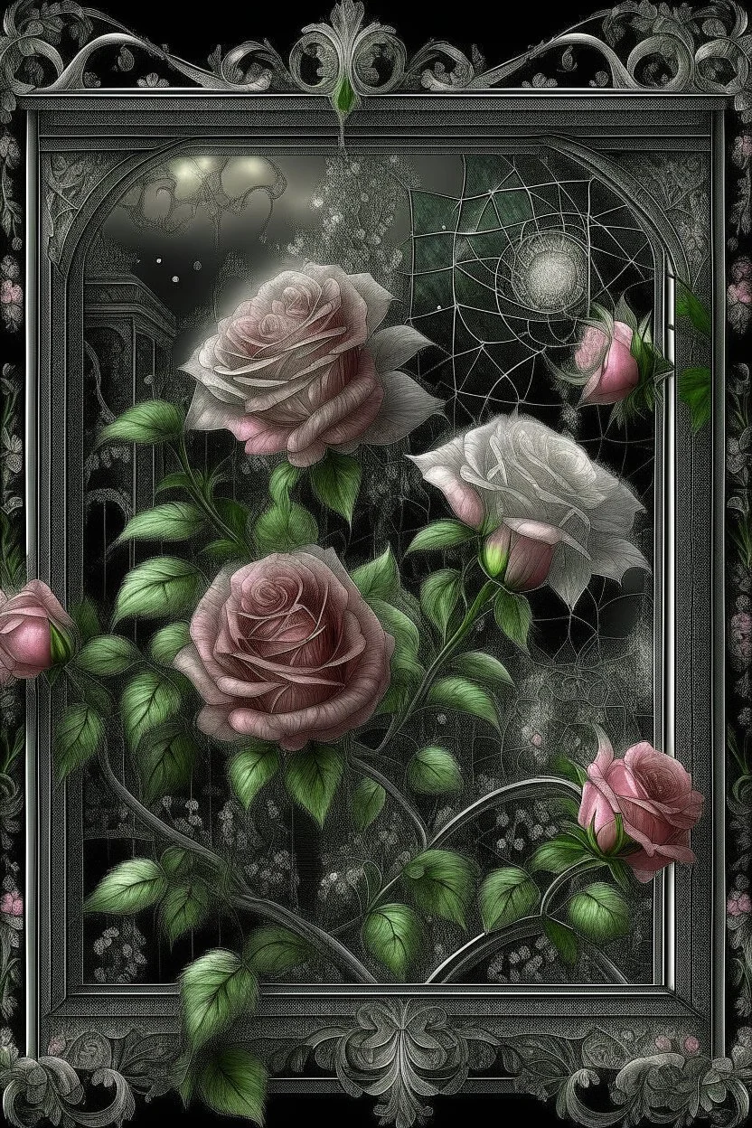 63. beautiful landscape elegant blooming pink roses and daisies, lots of greenery, sequins, dew filigree, smoke fractal, spiral space outside the window, hyperrealism, glitter, glare, hyperdetalization. vintage, inlaid outline in black pencil, aesthetically pleasing, beautiful, realistic, high resolution, high detail