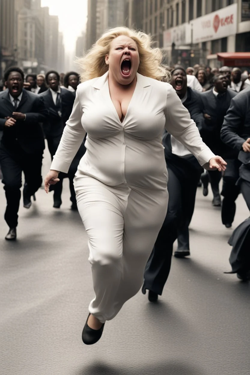 an obese terrified blonde white woman crying and sobbing in a pant suit desperately running away from an angry mob of thousands of all black people chase her down a city street