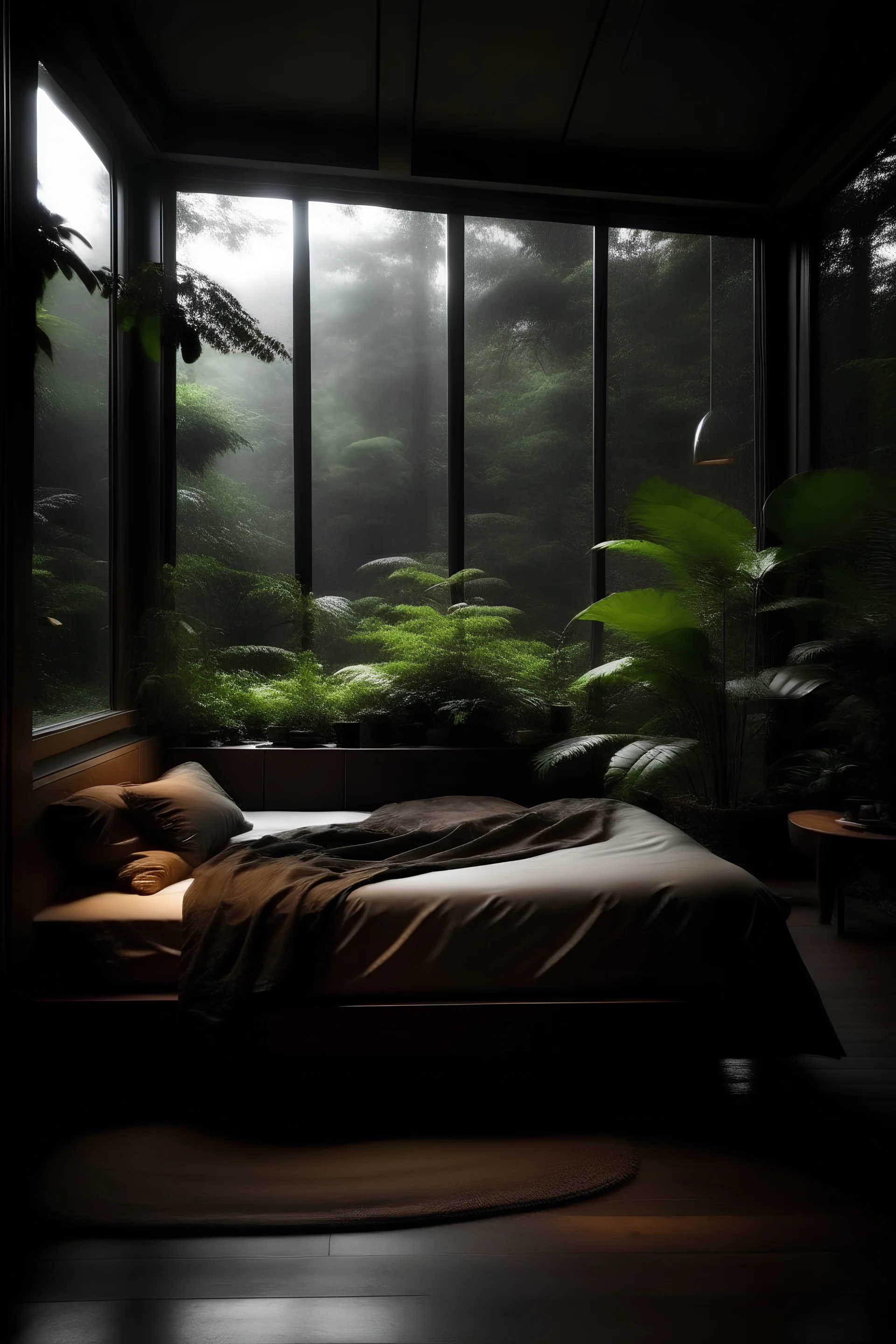 A dark bedroom setting. The bed is a luxurious king. The brown comforter is pulled back, tan sheets. Luxuriant pillows. Ferns drop down from above. The ceiling is dark. The rafters nearly visiable. The high windows offer a scenic view of a lush forest in the fog . Ferns drop from the high head board. Tropical plants and lush succulents furnish the floor of the room