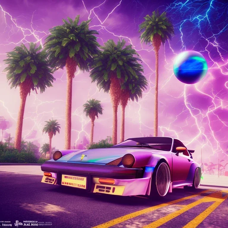 1980's aesthetic vaporwave palm trees and spheres and Porsche with lightning