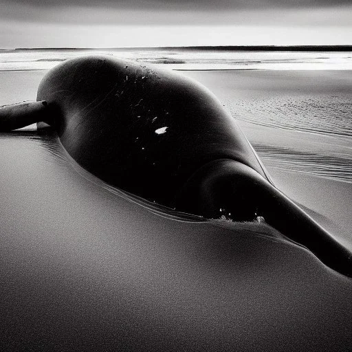 b&w photograph of beautiful sperm whale washed up on shore, face view, lifeless, debris, foamy wave, sand, rock, 8k resolution, high-quality, fine-detail, detailed matte, photography, illustration, digital art, Jeanloup Sieff, Moe Zoyari, Marc Adamus, Ann Prochilo, Romain Veillon