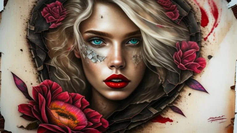 old canvas with worn torn folded edges and holes, cracks, heavily grained, broken lens effect, Iris wreath portrait Blonde woman, red lips, back tattoo, Alcohol ink, Hyperdetail, Anna Razumovskaya, Anna Dittmann, Luis Royo