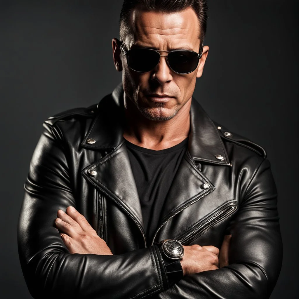 Handsome and muscular 40 year old Biker wearing a leather jacket and dark sunglasses standing with his arms folded