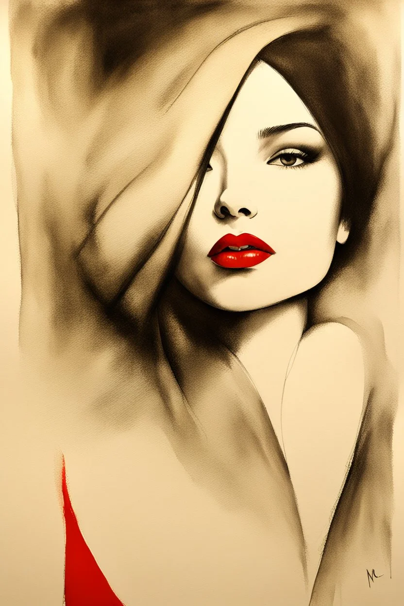 A mesmerizing work of art that flawlessly blends realism, detailed charcoal sketch, and the unique styles of T. Mann Nyc. The captivating abstract watercolor painting features a monochromatic black and white composition, with a single vibrant red lipstick mark on the black-haired woman's lips, adding a touch of color and intrigue. The delicate and tender oil painting, with its rough textures, exudes beauty, elegance, and an air of mystery. The piece is further enhanced by elements of cinematic d