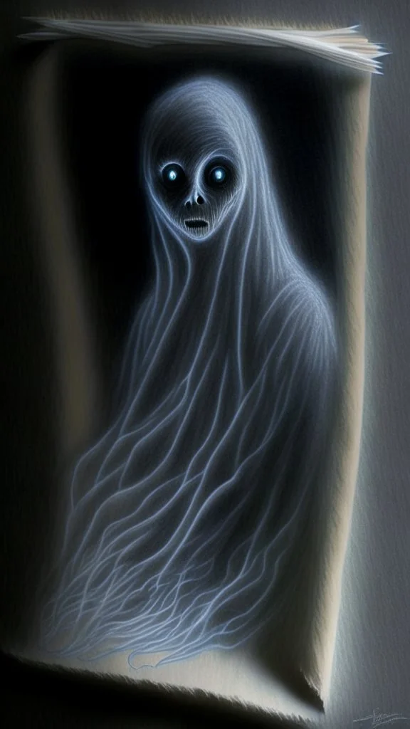 pencil drawing of a ghost. Spooky, scary, halloween, colored pencils, realistic, black paper