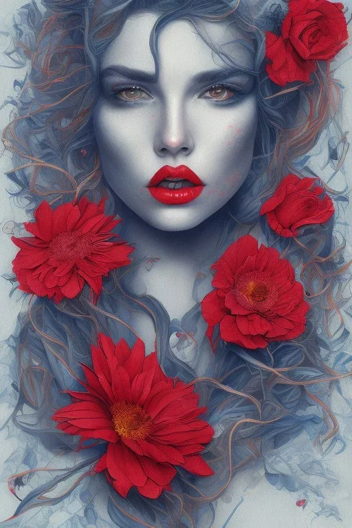 blue Pencil drawing of a woman with red lips and flower in hair on watercolor paper