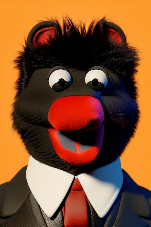 Waist up muppet Portrait, Kim Jong-un muppet doll, black suit, photo studio, red background, unreal engine 5, concept art, art station, ray tracing, lumen lighting, ultra detail, volumetric lighting, 3d.